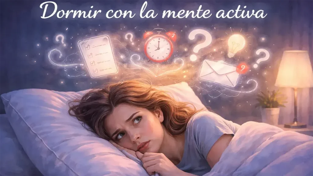 persona intentando dormir con la mente activa y pensamientos constantes
